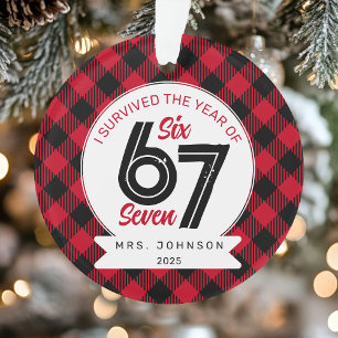 Six Seven Meme Teacher Plaid Christmas Ornament
