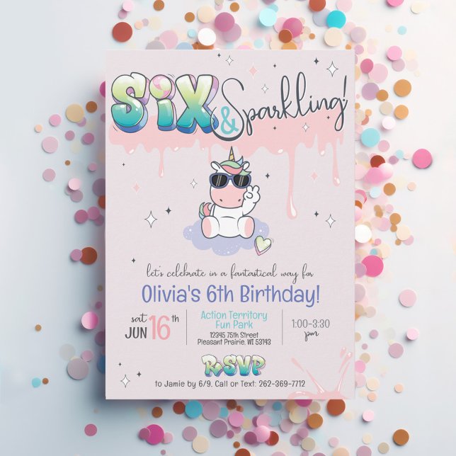 SIX & Sparkling Unicorn Graffiti Girl 6th Birthday Invitation (Cute Six & Sparkling retro stars pink purple kawaii unicorn theme graffiti 6th birthday invitation)