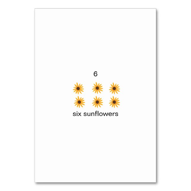 Six sunflowers, custom number flashcards table number (Back)