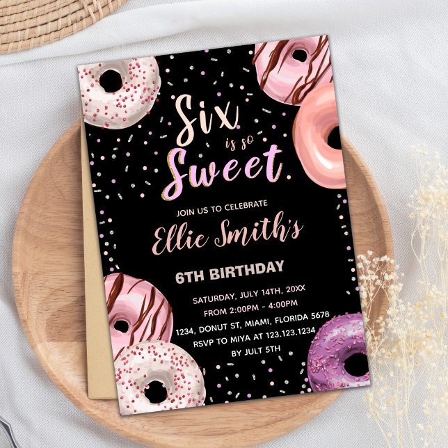 Six Sweet Black Pink Doughnut Birthday Invitations (Six Sweet Black Pink Donut Birthday Invitations)