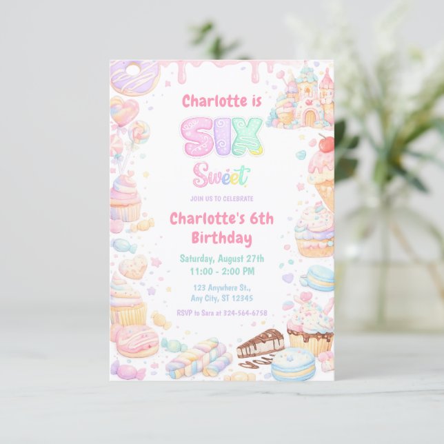 Six Sweet Pastel Candy 6th Birthday Invitation (Standing Front)