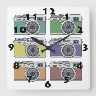 SIX VINTAGE PHOTOGRAPHY CAMERAS AND BLACK NUMERALS SQUARE WALL CLOCK