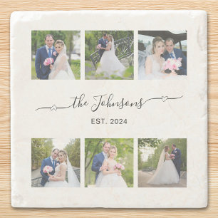 Six Wedding Photo Heart Swash Signature  Stone Coaster