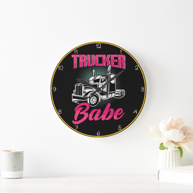 Six-Word Title: Trucker Babe Pink Gold Strength Large Clock (Home)