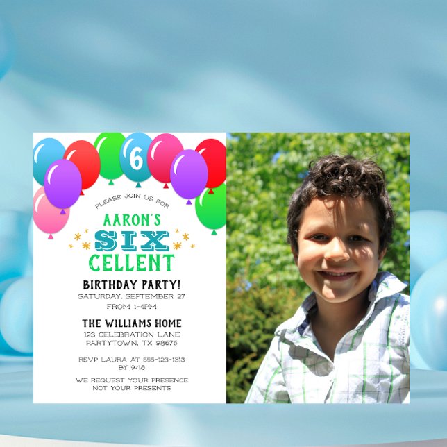 SIXcellent 6th Birthday Balloon Blue Photo Invitation (Creator Uploaded)