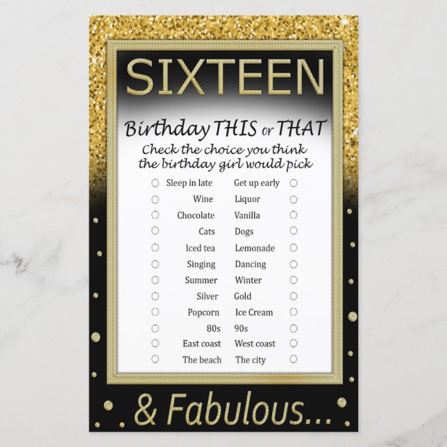 Sixteen Birthday This or That Game (Front)