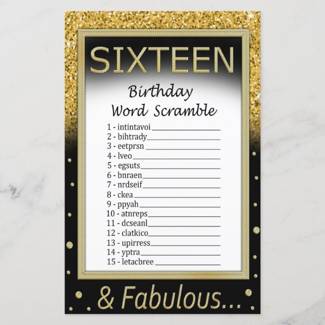 Sixteen Birthday Word Scramble Game (Front)