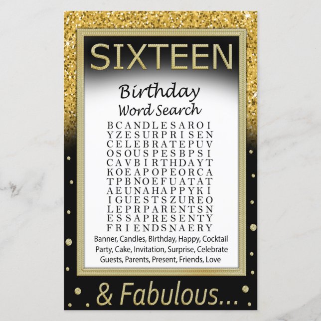 Sixteen Birthday Word Search Game (Front)