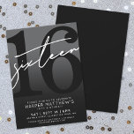 Sixteen Black 16th Birthday Invitation<br><div class="desc">Dark Grey and Black Sixteen Birthday Party Invitation. Celebrate turning sixteen in style with this bold, chic design. The top half features a large black “16” with a sassy handwritten white script “sixteen” layered over it, standing out against a dark grey background for an overall black-and-white look. The bottom portion...</div>