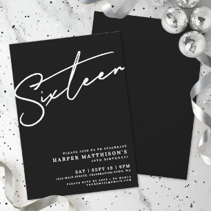 Sixteen Black 16th Birthday Invitation