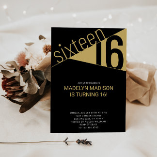 Sixteen | Black & Gold 16th Birthday Party Invitation