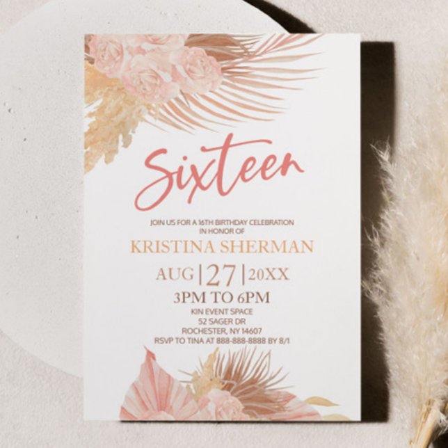 Sixteen Boho Pink Floral 16th Birthday Party Invitation (Creator Uploaded)
