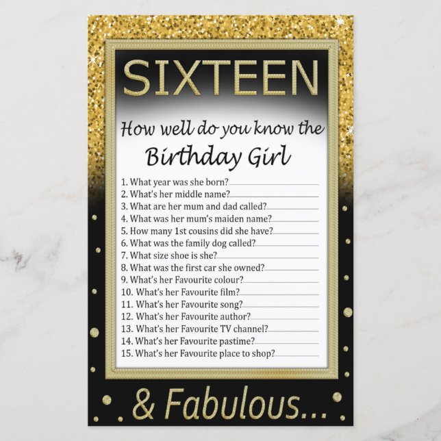 Sixteen How well do you know the birthday girl (Front)