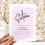 Sixteen Minimal PInk Watercolor 16th Birthday Invitation<br><div class="desc">Minimal chic Sixteen Birthday Party Invitation. Design features a pink watecolor wash background with black typography. All text is easy to customise using the template provided.</div>