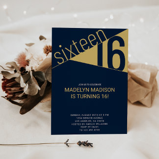 Sixteen | Navy Blue & Gold 16th Birthday Party Invitation