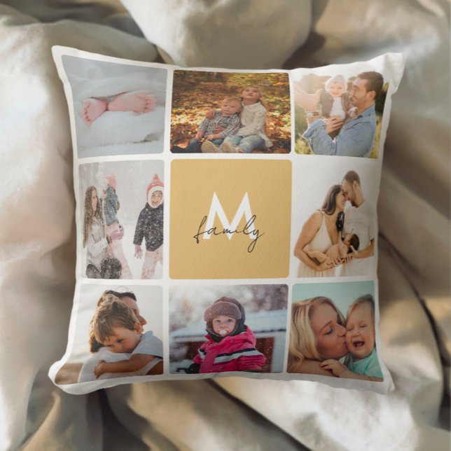 Sixteen Photo Collage Simple Monogram Family Cushion (Creator Uploaded)