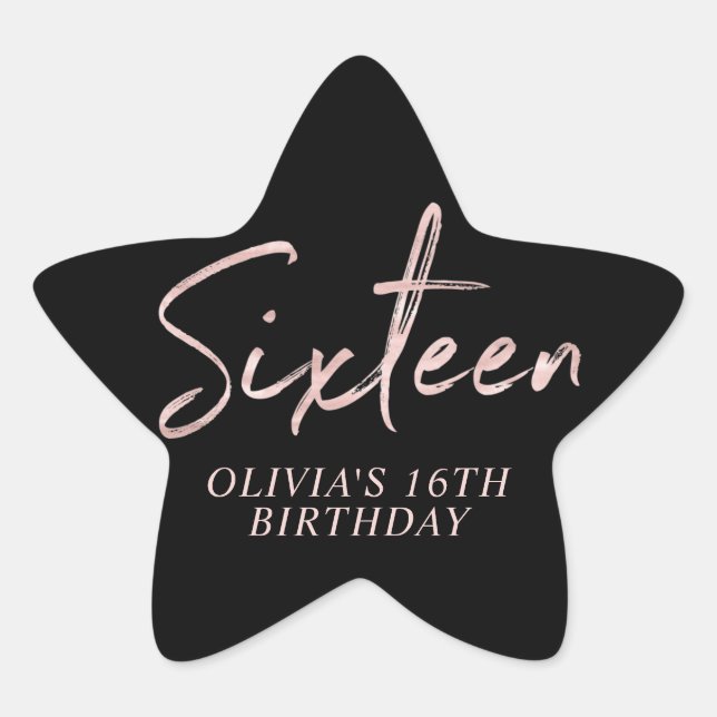 Sixteen Rose gold & Black Sweet 16 Birthday Party Star Sticker (Front)