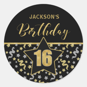 Sixteenth Birthday Black and Gold Confetti Classic Round Sticker