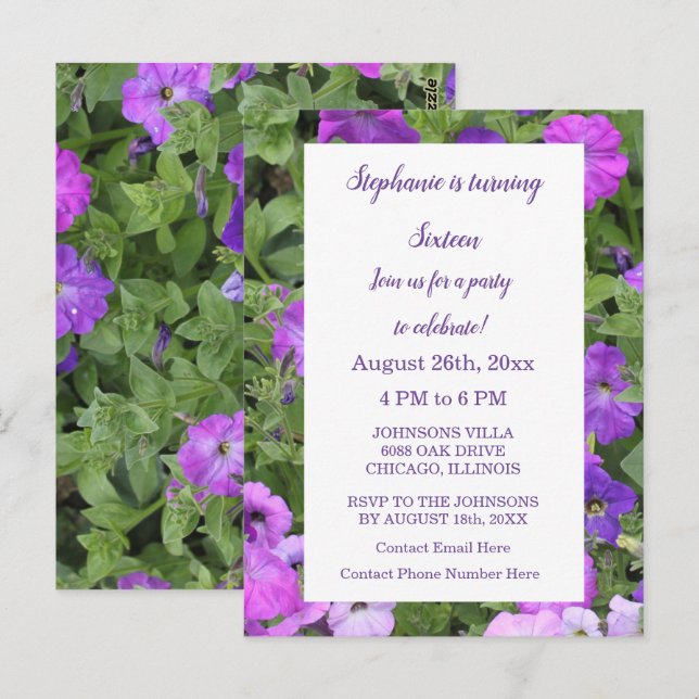 Sixteenth Birthday Floral Pink Purple Petunia 2023 Postcard (Front/Back)