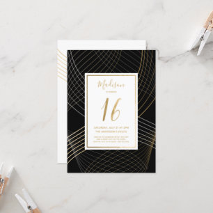 Sixteenth Birthday Invite - Black, Gold, Elegant