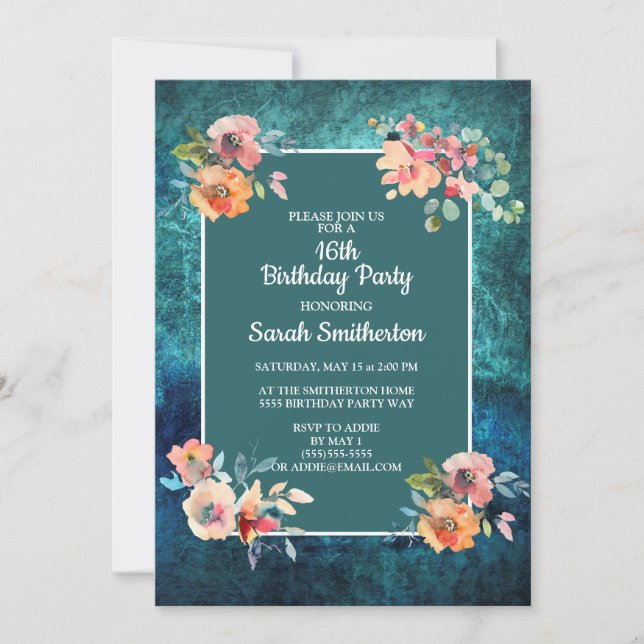 Sixteenth Birthday Party Teal Pink Floral Stripes Card (Front)