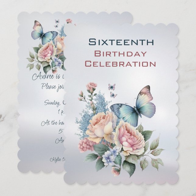 Sixteenth Birthday Peonies and Butterfly Invite (Front/Back)