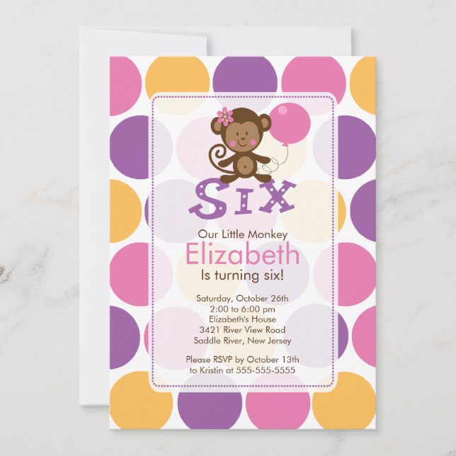 Sixth Birthday Little Monkey Birthday Invitation 6 (Front)
