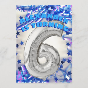 Sixth Birthday Silver and Blue Age 6 Boys Party Invitation