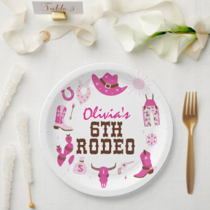 Sixth Rodeo Pink Western Cowboy 6th Birthday Paper Plate