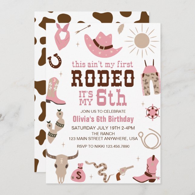 Sixth Rodeo Western Cowgirl 6th Birthday Invitation (Front/Back)