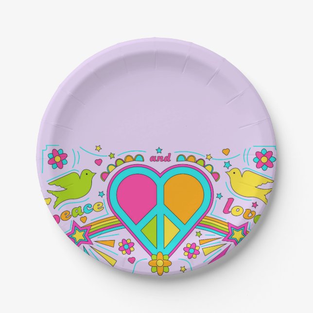 Sixties 60s hippy peace flower power retro party paper plate (Front)