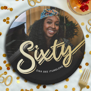 Sixty 60th Birthday custom photo script gold colou Paper Plate