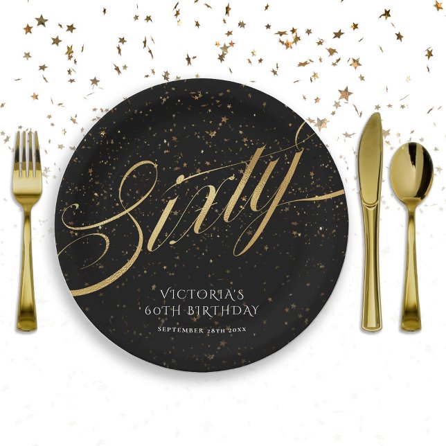 Sixty 60th Birthday Gold Black Confetti Elegant Paper Plate (Creator Uploaded)