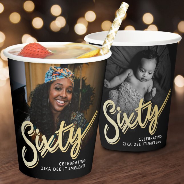 Sixty 60th Birthday photo script black gold colour Paper Cups (Creator Uploaded)
