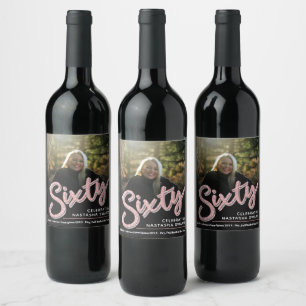 Sixty 60th Birthday photo script glitter pink Wine Label