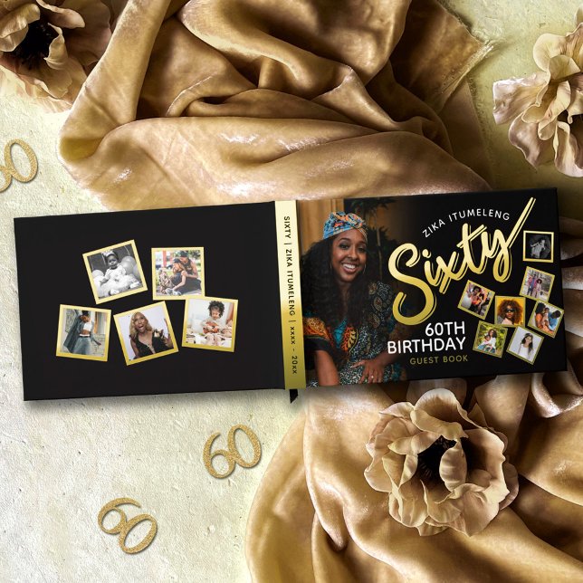 Sixty 60th birthday photos black gold guest book (Creator Uploaded)