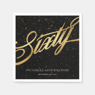 Sixty 60th Confetti Elegant Calligraphy Gold Black Napkin