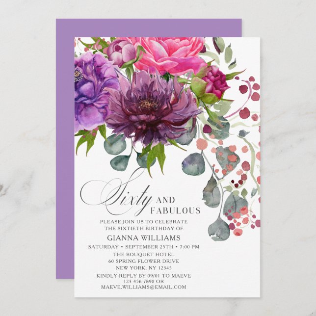 Sixty and Fabulous Elegant Floral 60th Birthday Invitation (Front/Back)