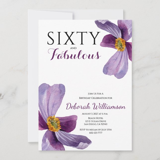 Sixty and Fabulous Purple Floral 60th Birthday  In Invitation (Front)