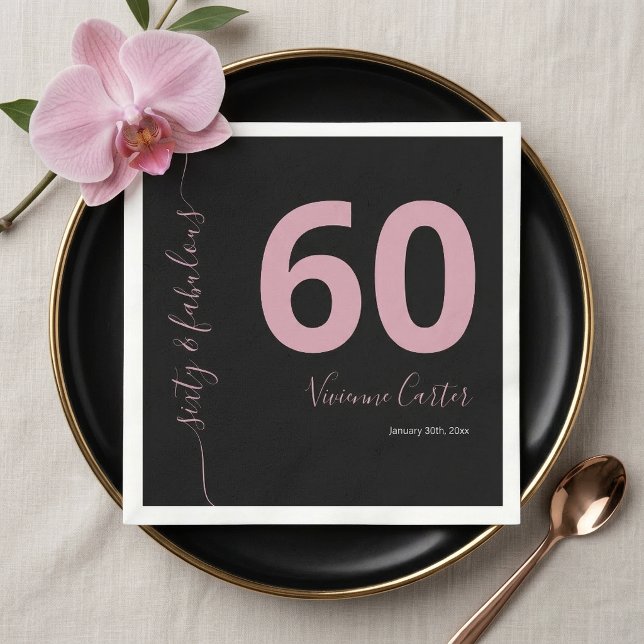Sixty and Fabulous Script Pink 60th Birthday Party Napkin (Sixty and Fabulous Script Pink 60th Birthday Party Napkins)