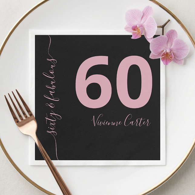 Sixty and Fabulous Script Pink 60th Birthday Party Napkin (Sixty and Fabulous Script Pink 60th Birthday Party Napkins)
