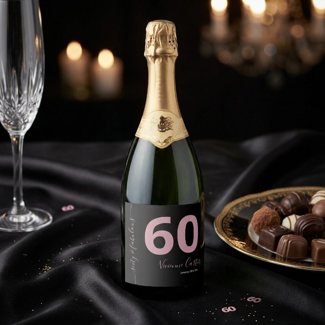 Sixty and Fabulous Script Pink 60th Birthday Party Sparkling Wine Label (Sixty and Fabulous Script Pink 60th Birthday Party Sparkling Wine Bottle)