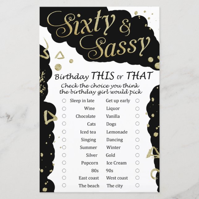 Sixty and Sassy Birthday this or that game (Front)