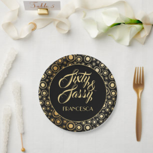 Sixty And Sassy Elegant Black Gold 60th Party Paper Plate