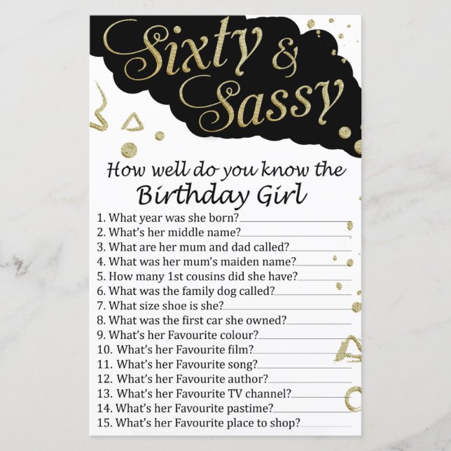 Sixty and Sassy How well do you know the birthday (Front)