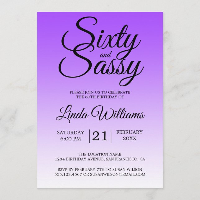 Sixty and Sassy Purple Ombre 60th Birthday Invitation (Front)