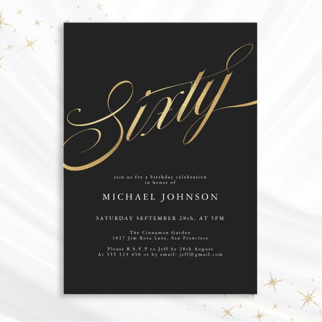 Sixty Black and Gold Modern 60th Birthday Invitation (Mockup View)