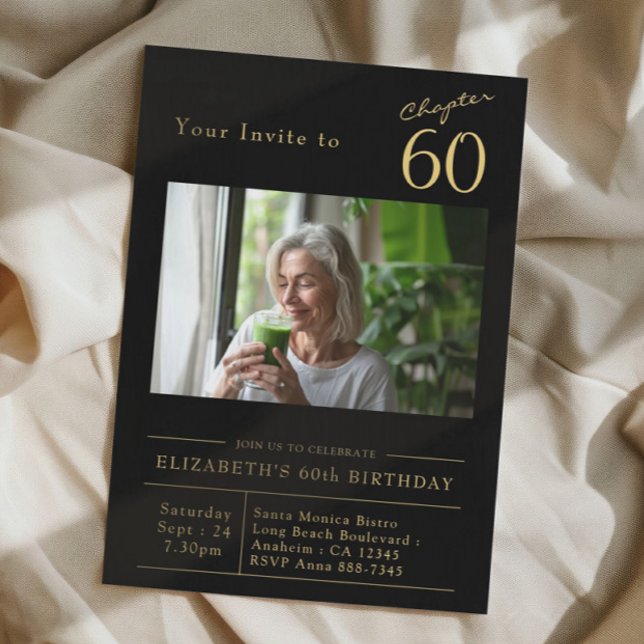 Sixty Black Gold 60th Birthday Party Photo Invitation (Black and gold 60th birthday party invitation on a cloth background)