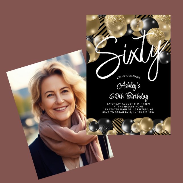 Sixty Black Gold 60th Photo Birthday Invitation (Creator Uploaded)
