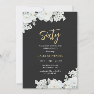Sixty Black & Gold White Floral Elegant Birthday Invitation